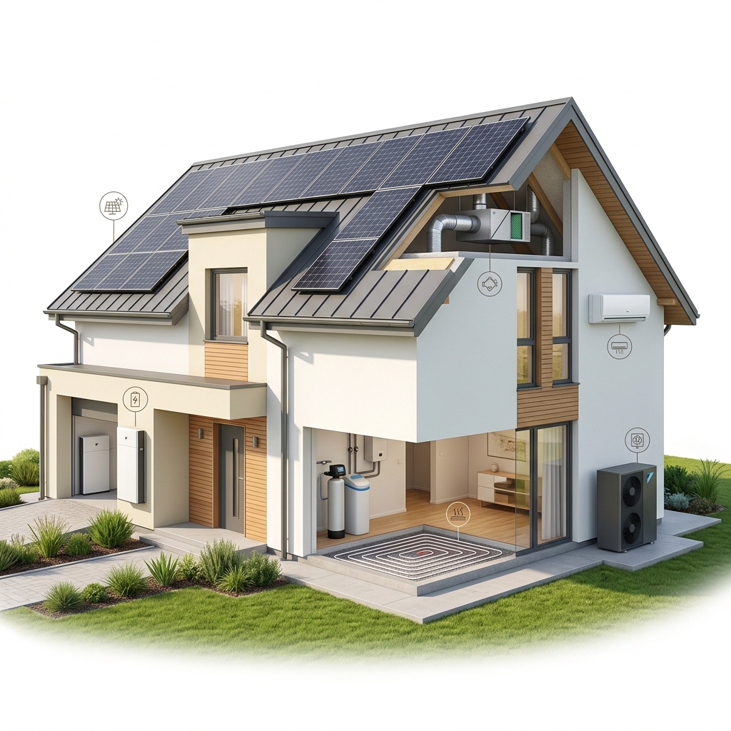Nowoczesny dom z instalacjami energooszczędnymi — pompa ciepła, fotowoltaika, rekuperacja, klimatyzacja, ogrzewanie podłogowe, magazyn energii, uzdatnianie wody